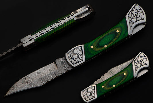 7" long back lock Folding Knife, Green colored wood Scale with Engraved steel bolster, custom made 3.25" Hand Forged Damascus steel blade, Cow hide leather sheath with belt loop