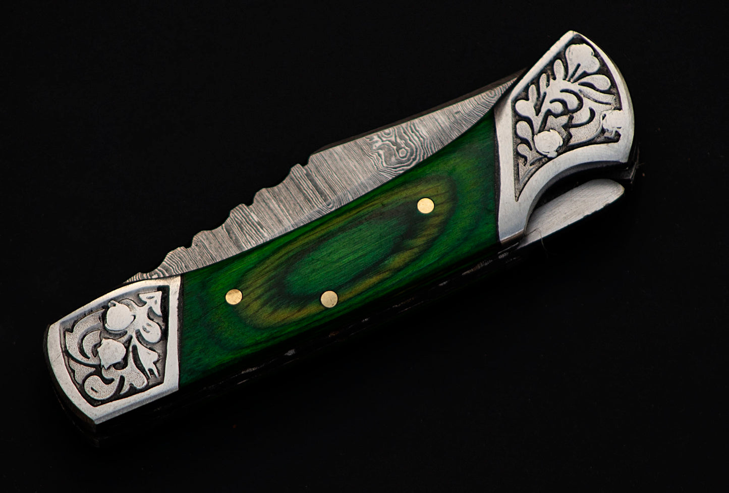 7" long back lock Folding Knife, Green colored wood Scale with Engraved steel bolster, custom made 3.25" Hand Forged Damascus steel blade, Cow hide leather sheath with belt loop