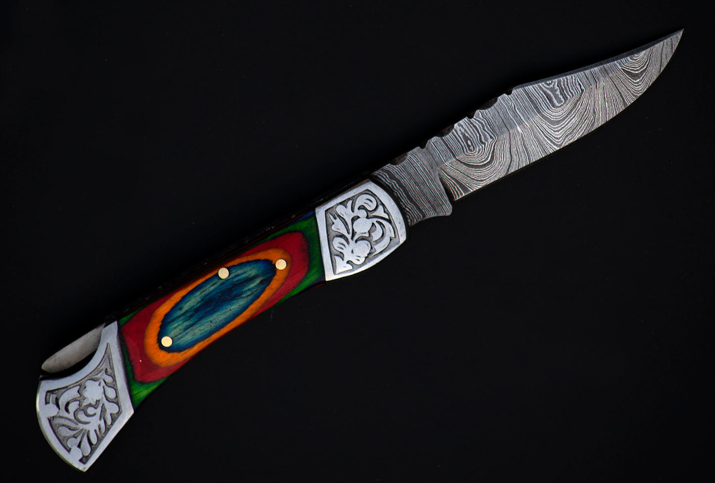 Copy of 7" long back lock Folding Knife, Blue & Orange colored wood Scale with Engraved steel bolster, custom made 3.25" Hand Forged Damascus steel blade, Cow hide leather sheath with belt loop