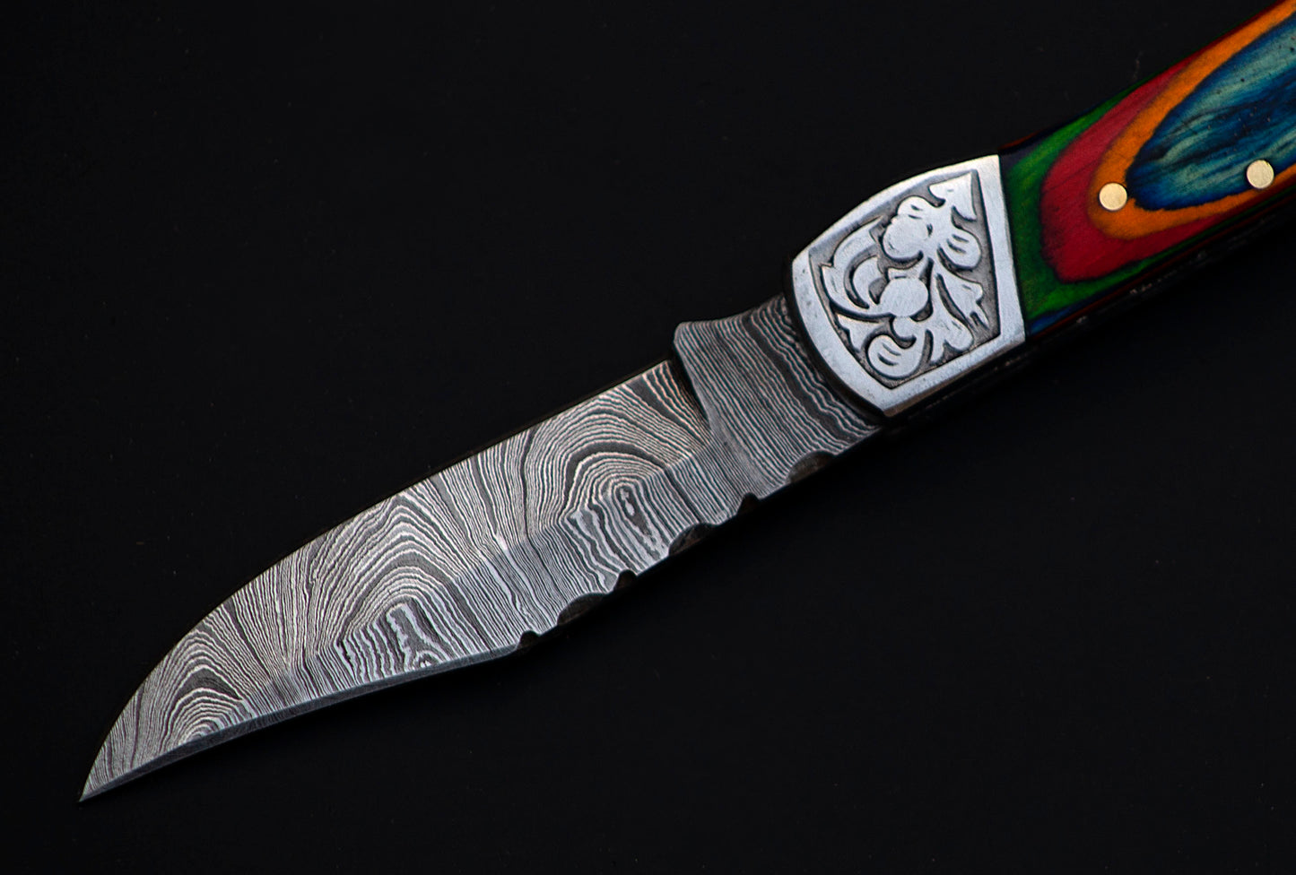 Copy of 7" long back lock Folding Knife, Blue & Orange colored wood Scale with Engraved steel bolster, custom made 3.25" Hand Forged Damascus steel blade, Cow hide leather sheath with belt loop