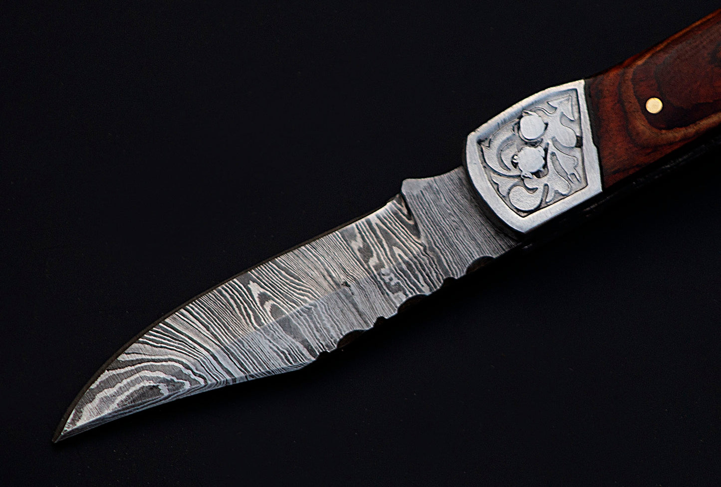 7" long back lock Folding Knife, Rose wood Scale with Engraved steel bolster, custom made 3.25" Hand Forged Damascus steel blade, Cow hide leather sheath with belt loop