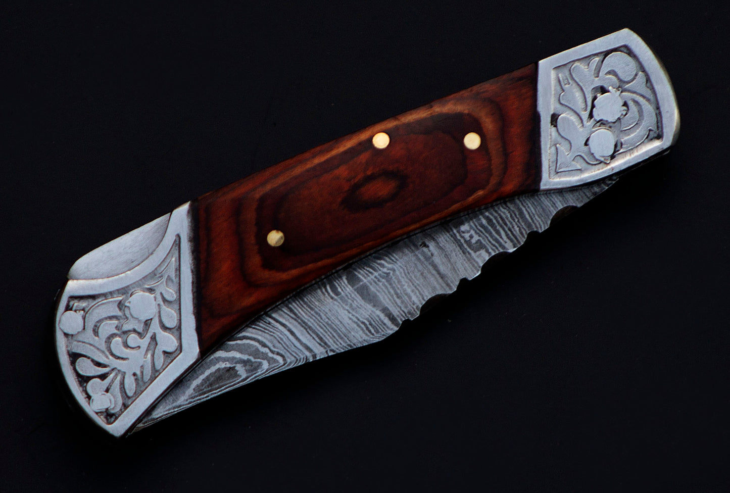 7" long back lock Folding Knife, Rose wood Scale with Engraved steel bolster, custom made 3.25" Hand Forged Damascus steel blade, Cow hide leather sheath with belt loop