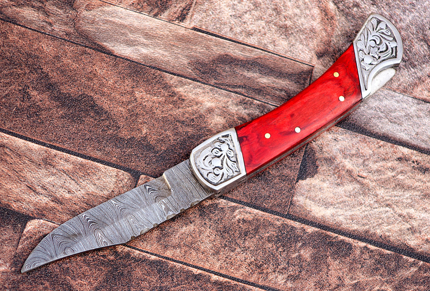 9" long back lock Folding Knife, Red wood Scale with Engraved steel bolster, custom made 4" Hand Forged Damascus steel blade, Cow hide leather sheath with belt loop