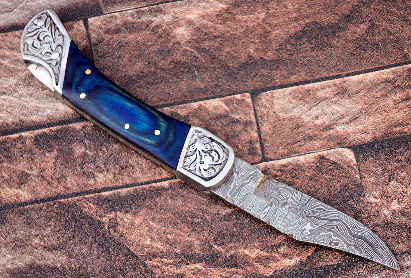 9" long back lock Folding Knife, Blue wood Scale with Engraved steel bolster, custom made 4" Hand Forged Damascus steel blade, Cow hide leather sheath with belt loop