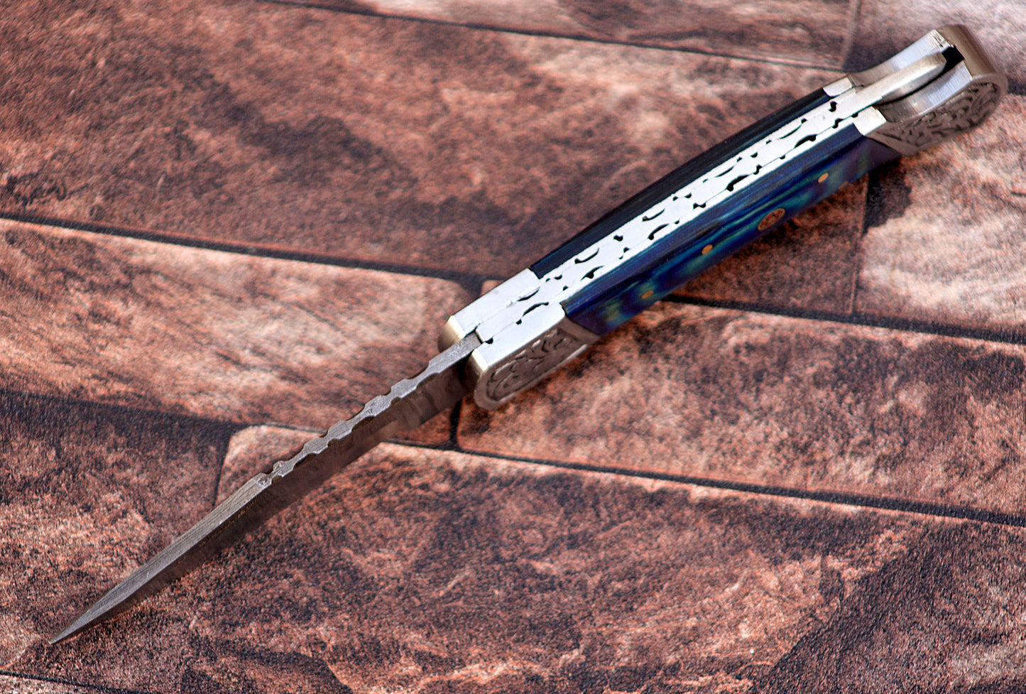 9" long back lock Folding Knife, Blue wood Scale with Engraved steel bolster, custom made 4" Hand Forged Damascus steel blade, Cow hide leather sheath with belt loop