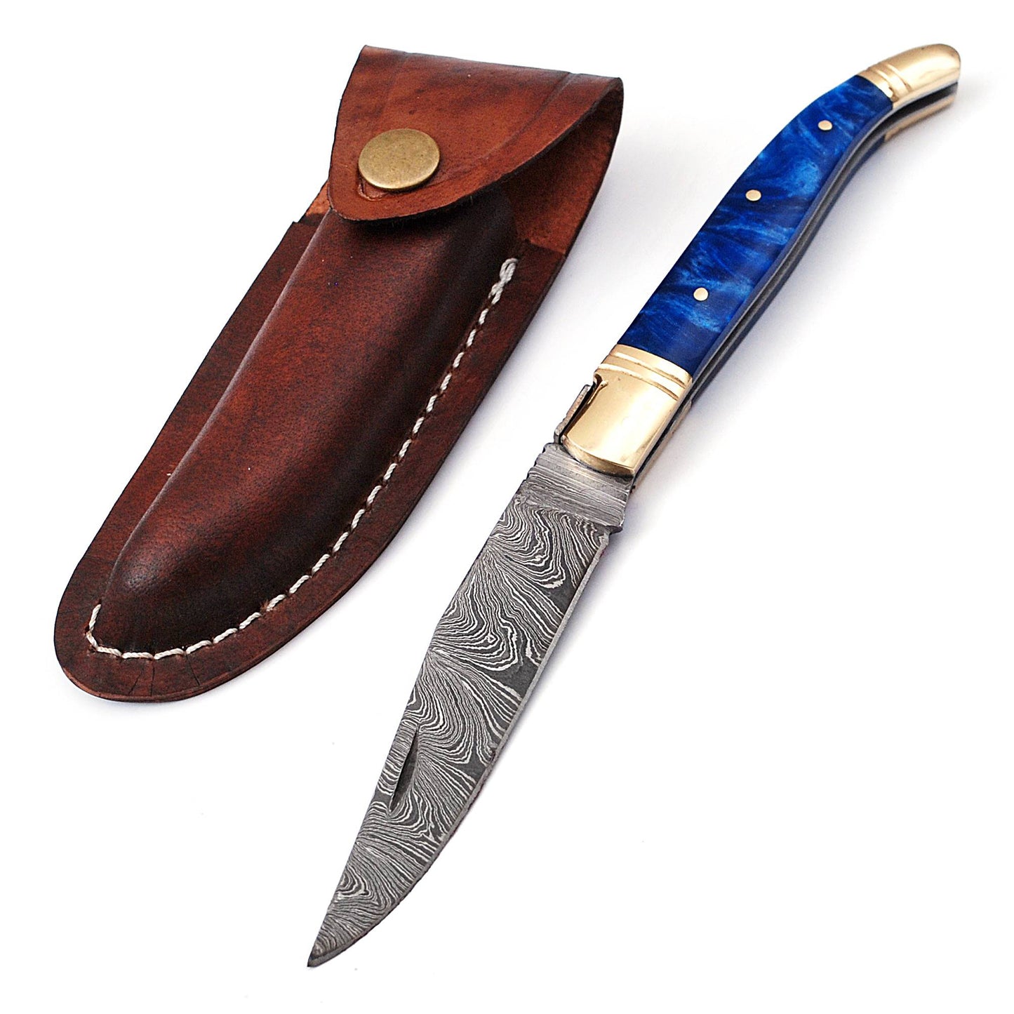 Laguiole Folding Damascus steel knife, 8.5" Long with 4" hand forged custom twist pattern Blade. Blue color unshrinkable Raisen scale with brass bolster, Cow hide leather sheath included