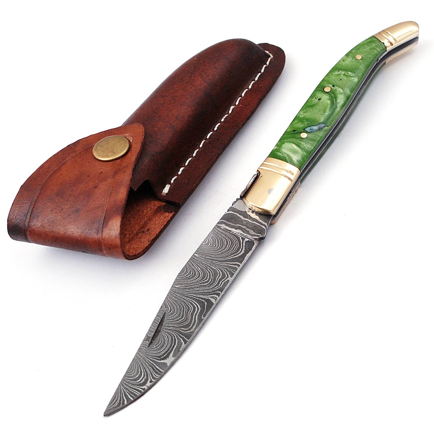 Laguiole Folding Damascus steel knife, 8.5" Long with 4" hand forged custom twist pattern Blade. Green color unshrinkable Raisen scale with brass bolster, Cow hide leather sheath included