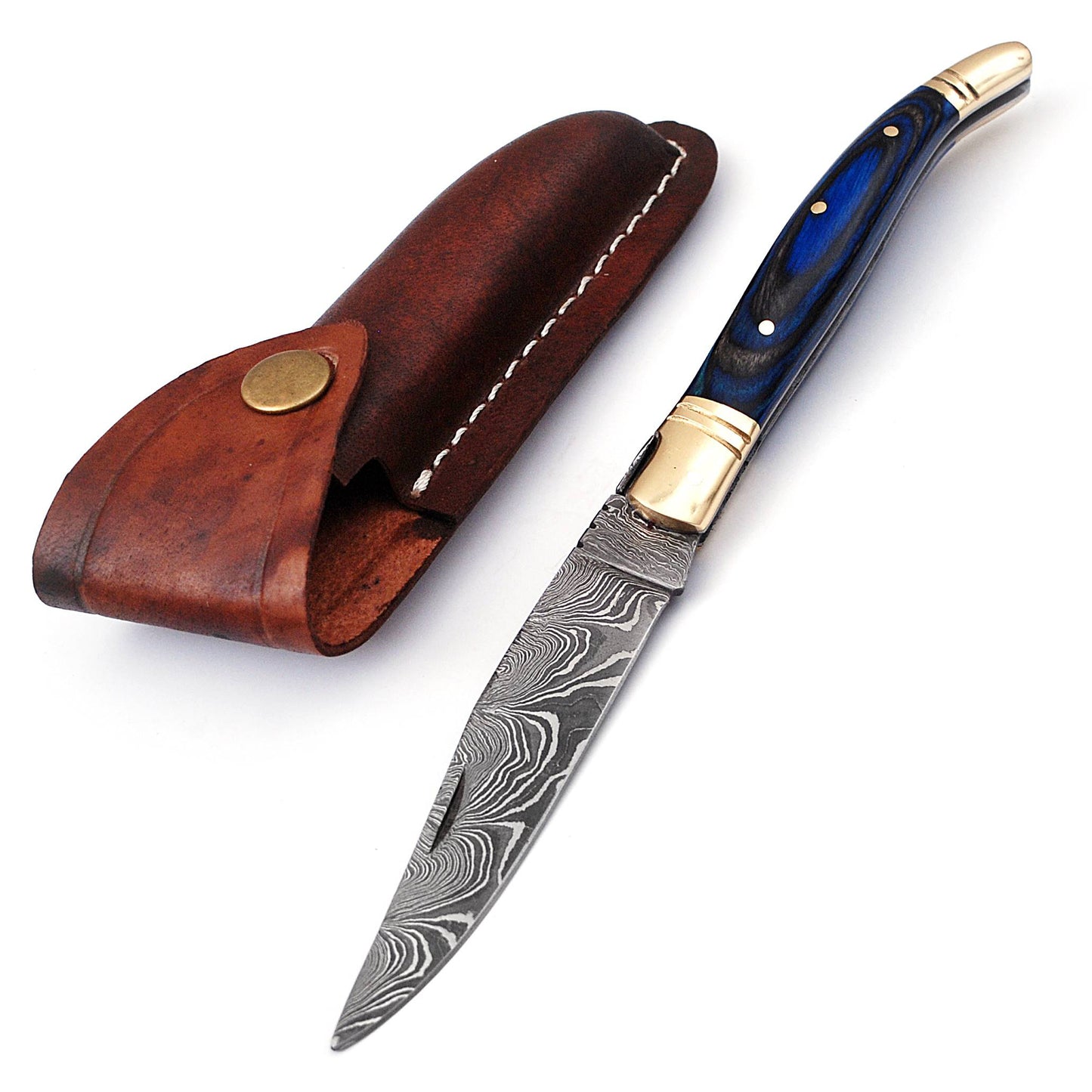 Copy of Laguiole Folding Damascus steel knife, 8.5" Long with 4" hand forged custom twist pattern Blade. 2 tone Blue wood scale with brass bolster, Cow hide leather sheath included
