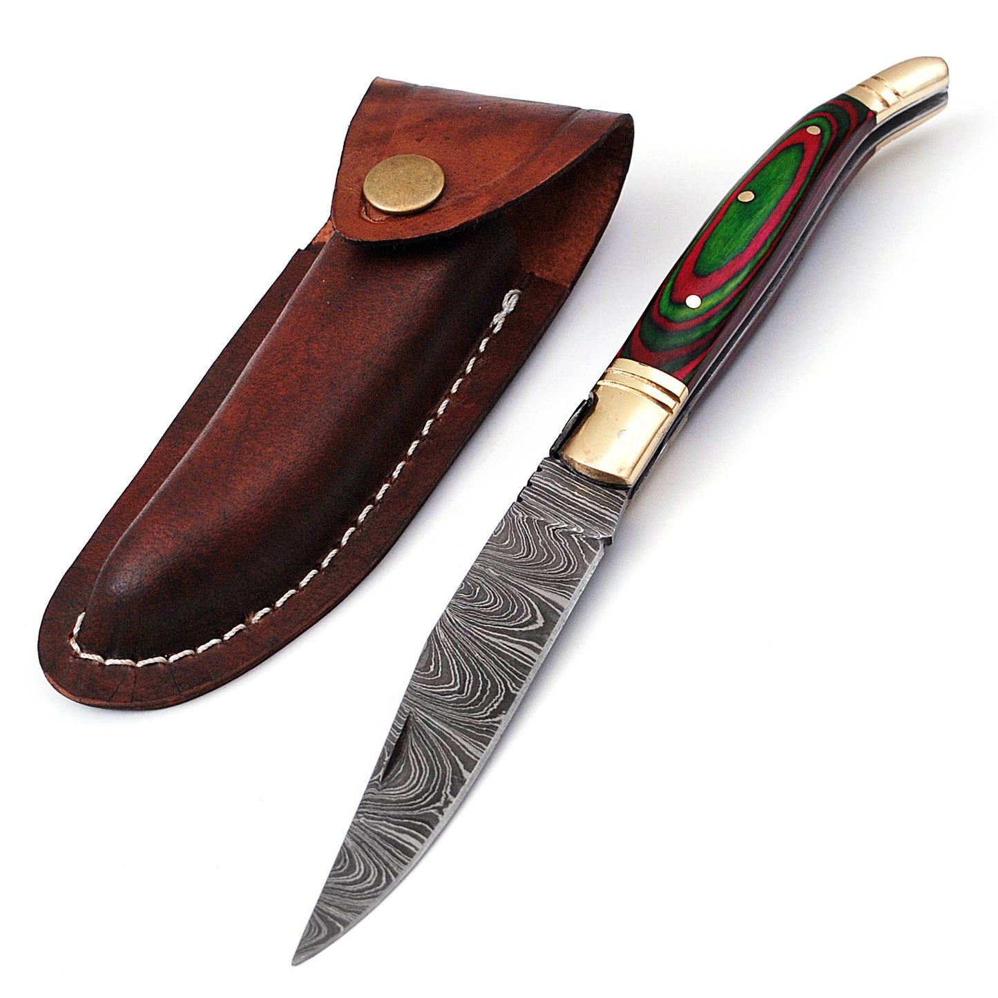 Copy of Copy of Laguiole Folding Damascus steel knife, 8.5" Long with 4" hand forged custom twist pattern Blade. Red & Green wood scale with brass bolster, Cow hide leather sheath included