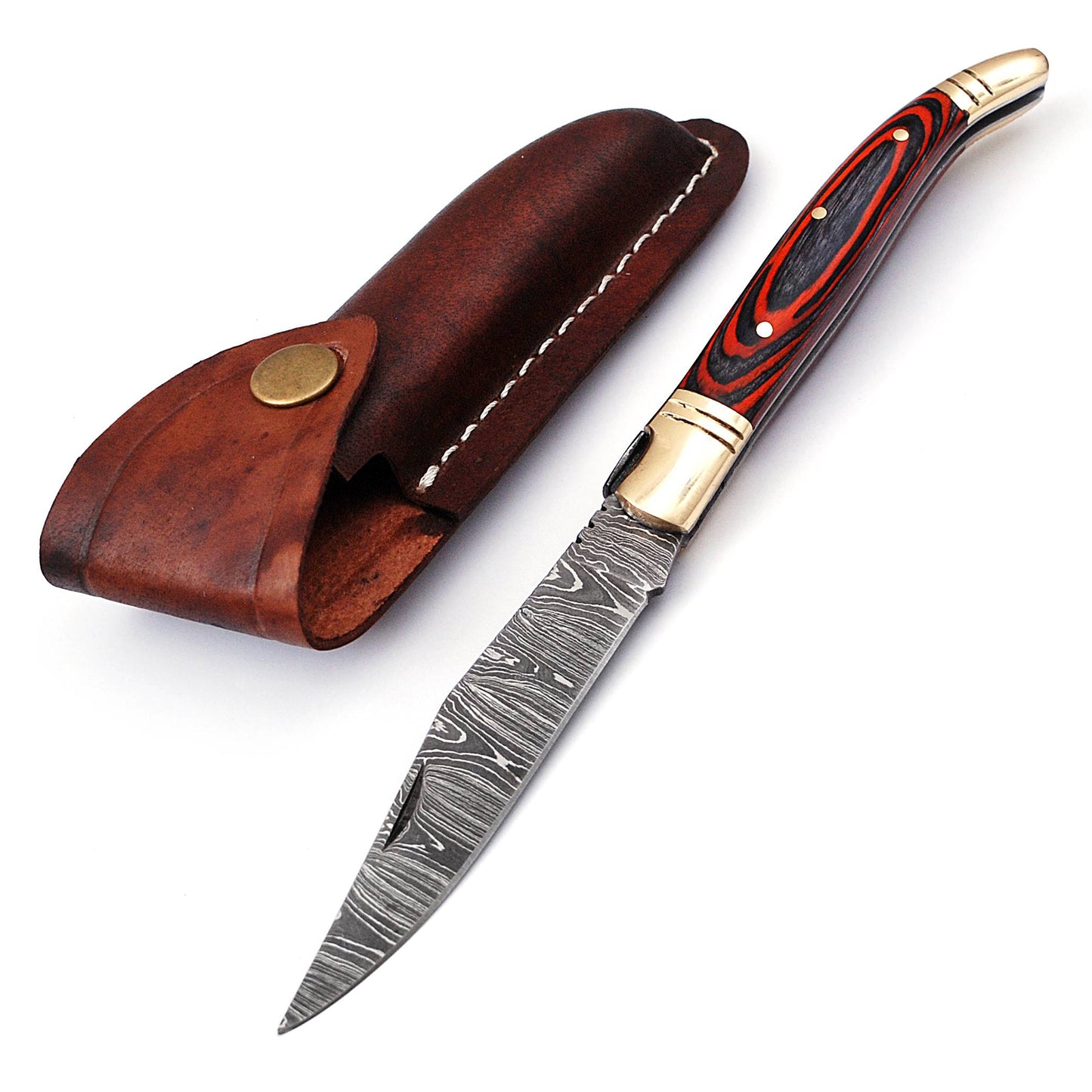 Folding Damascus steel knife, 8.5" Long with 4" hand forged custom twist pattern Blade. Orange & Black wood scale with brass bolster, Cow hide leather sheath included