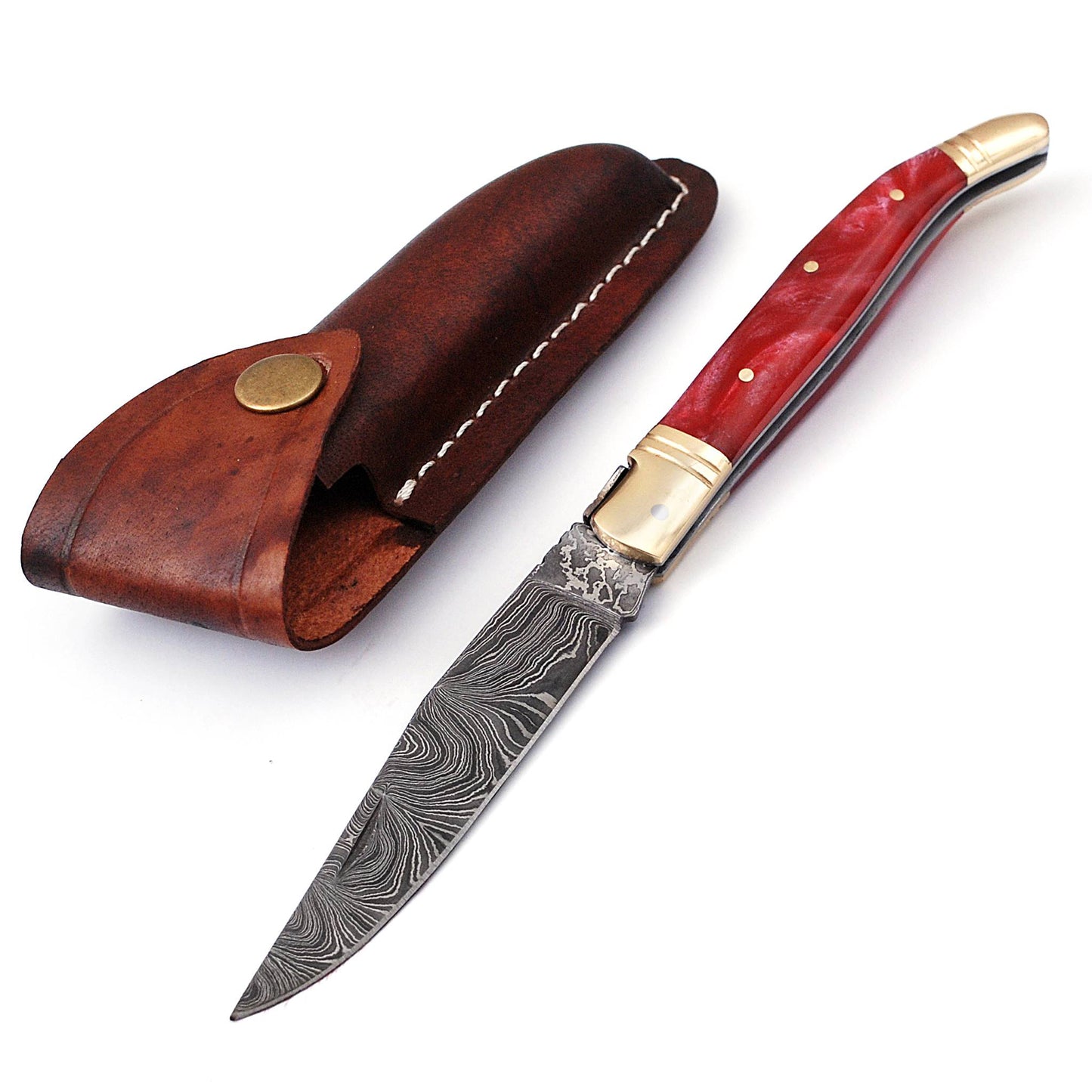 Folding Damascus steel knife, 8.5" Long with 4" hand forged custom twist pattern Blade. Unshrinkable wine color Raisen scale with brass bolster, Cow hide leather sheath included