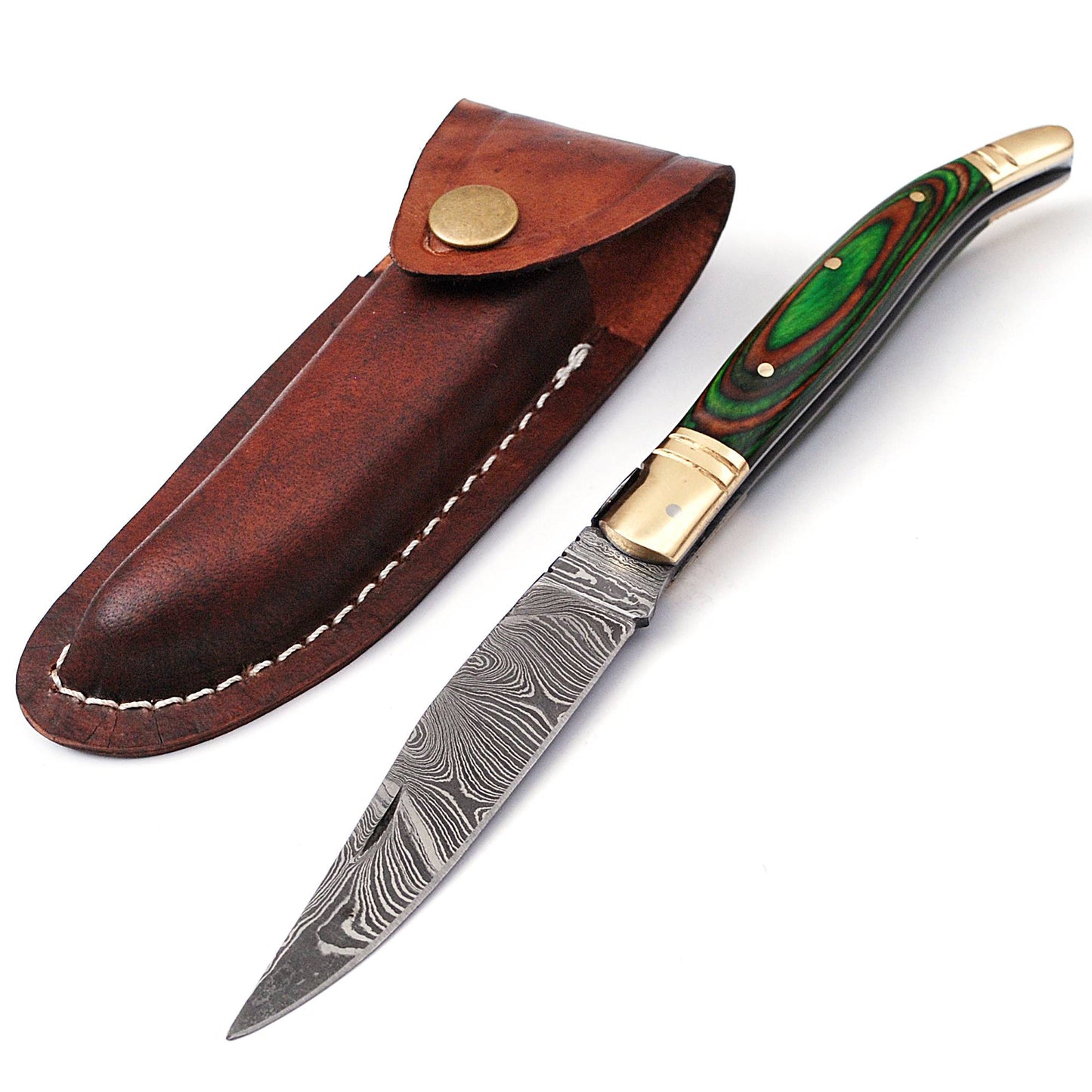 Folding Damascus steel knife, 8.5" Long with 4" hand forged custom twist pattern Blade. 2 tone Green wood scale with brass bolster, Cow hide leather sheath included