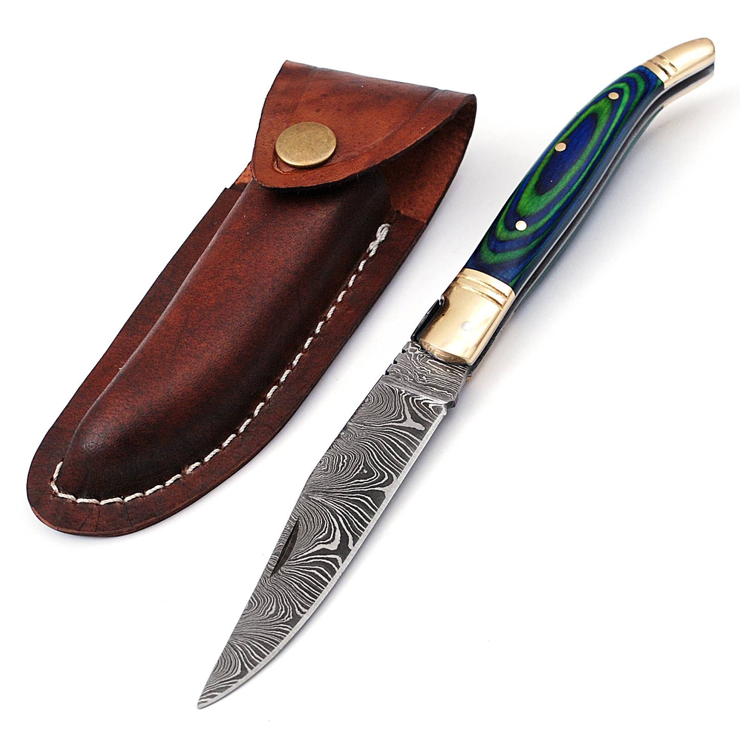 Folding Damascus steel knife, 8.5" Long with 4" hand forged custom twist pattern Blade. 2 tone Blue & Green wood scale with brass bolster, Cow hide leather sheath included