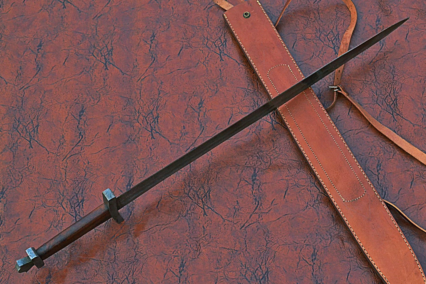 32 inches Long Jian Sword, 25" Long Hand Forged Damascus Steel Double Edge Blade, Solid Damascus Steel Cross hilt Forward and Crown Shape Pommel, Leather Scabbard with Shoulder Stripe
