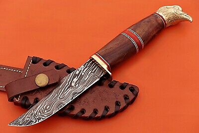 10" custom skinning knife with eagle pomel, trailing point blade, Leather sheath