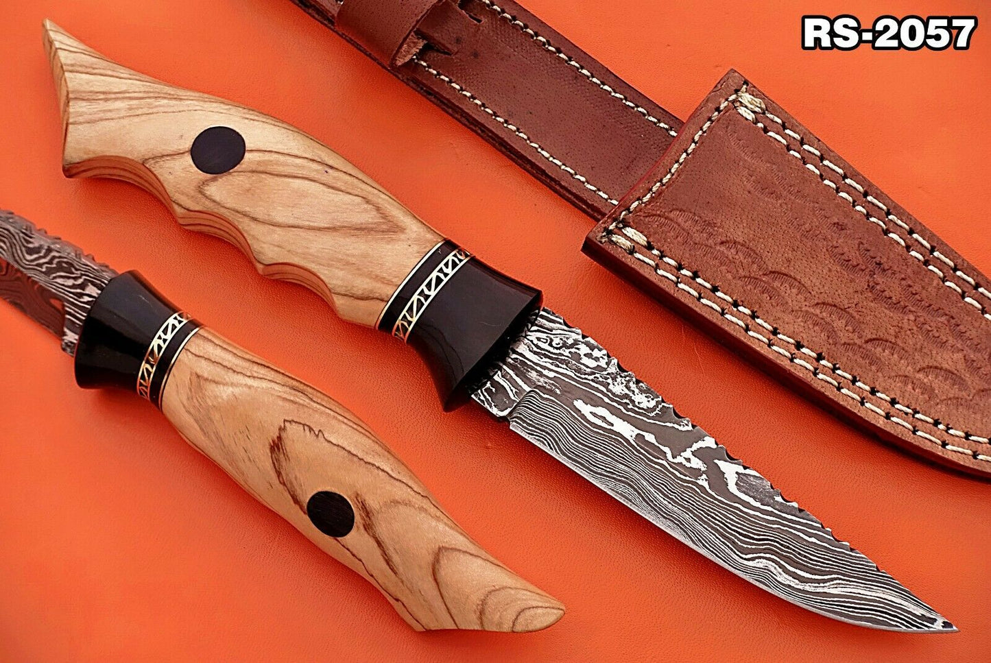 9 straight back blade skinning Knife, finger serrated wood scale, Leather sheath