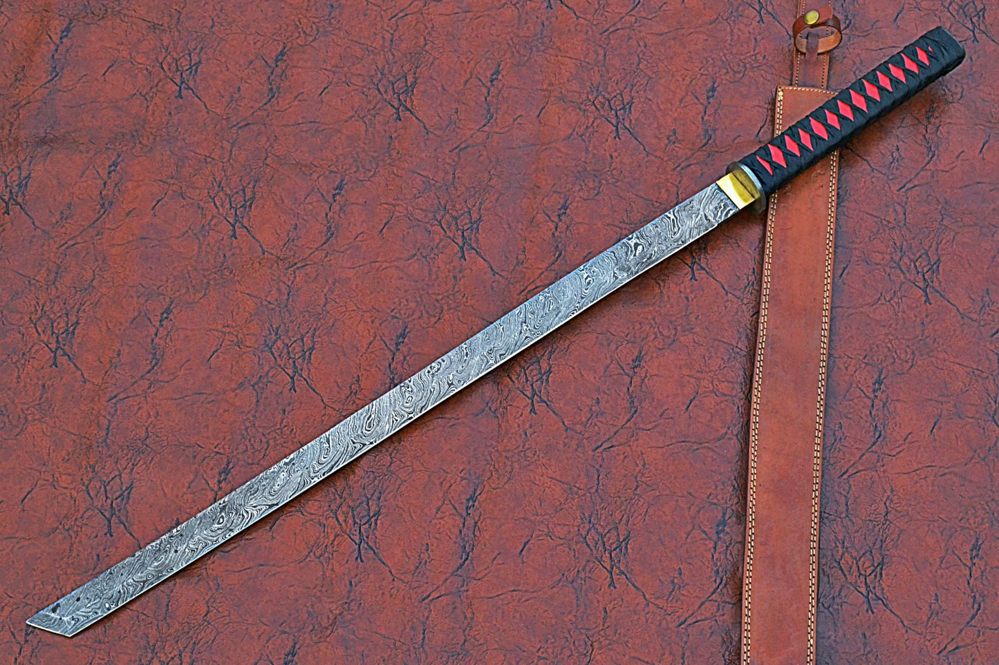 40 inches Long Ninja Sword, 28" Long Hand Forged Damascus Steel Blade, Steel Grip Wrapped with Black Fabric, Brass rain Guard, Includes Leather Scabbard with Shoulder Stripe