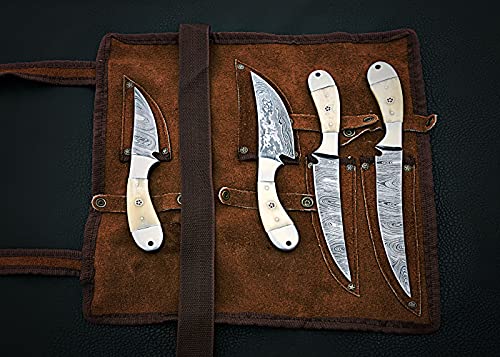 4 pieces meat slicing knife set, 40 inches long hand forged twist pattern Damascus steel blade, Natural Camel bone scale with steel bolsters, includes leather travel bag