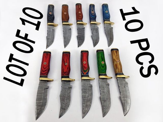 10 pieces Damascus steel fixed blade round scale skinning knives lot with Leather sheath. Over 70 inches long Damascus steel knives in assorted colors