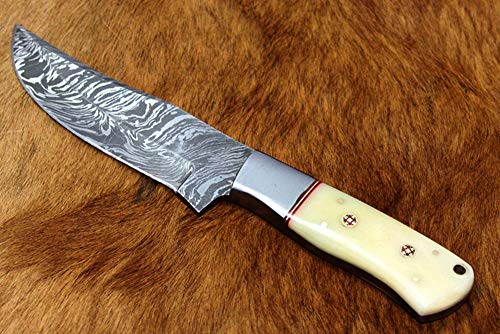 9" Long Natural Camel Bone Scale Hand Forged Damascus Steel Skinning Knife, 4.5" Full Tang Blade, with Damascus Bolster and Inserting Hole, Cow Hide Leather Sheath with Belt Loop