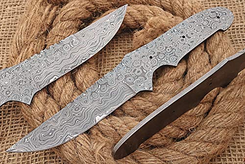 Knife Making, Damascus Steel Blank Blade 9.25 inches Long Hand Forged Trailing Point Skinning Knife Blade, Hunting Knife, 4.25 inches Cutting Edge, 4.5" Scale Space with 3 Pin Hole