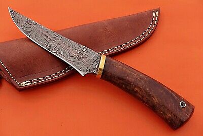 9" trailing point blood groove blade skinning knife, Walnut wood, Leather sheath