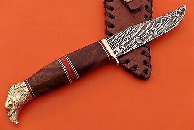 10" custom skinning knife with eagle pomel, trailing point blade, Leather sheath