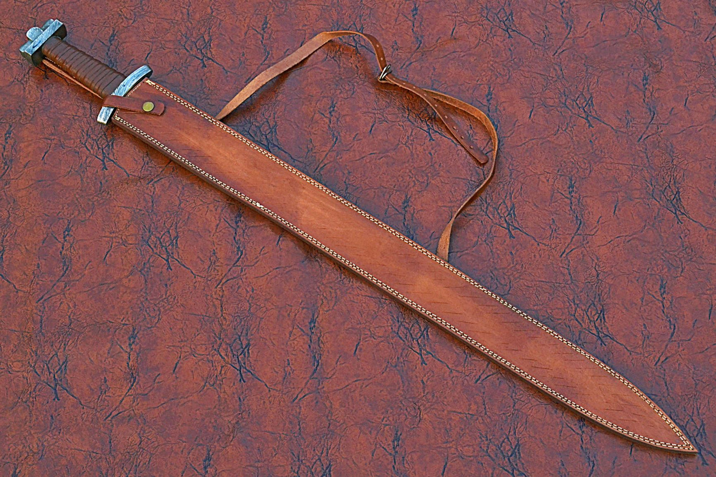 39 inches Long Green Destiny Sword, 31" Long Hand Forged Damascus Steel Double Edge Blade, Solid Damascus Steel Cross hilt Forward and Pommel, Leather Scabbard with Shoulder Stripe