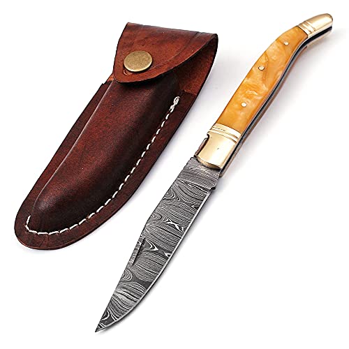 Laguiole Folding Damascus steel knife, 8.6" Long with 4.1" hand forged custom twist pattern Blade. Off white unshrinkable Raisen scale with brass bolster and Pommel. Cow hide leather sheath included (White Raisen)