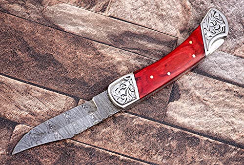 9" long back lock Folding Knife, 2 tone Red wood Scale with Engraved steel bolster, custom made 4" Hand Forged Damascus steel blade, Cow hide leather sheath with belt loop