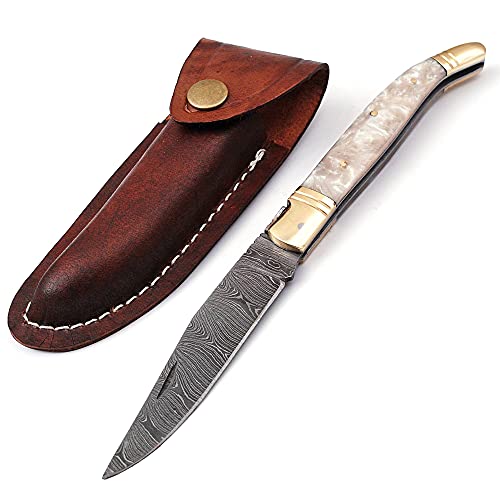 Laguiole Folding Damascus steel knife, 8.6" Long with 4.1" hand forged custom twist pattern Blade. Off white unshrinkable Raisen scale with brass bolster and Pommel. Cow hide leather sheath included (White Raisen)