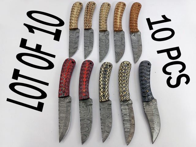 10 pieces Damascus steel fixed blade skinning knives lot with Leather sheath. Over 80 inches long Damascus steel knives in assorted colors