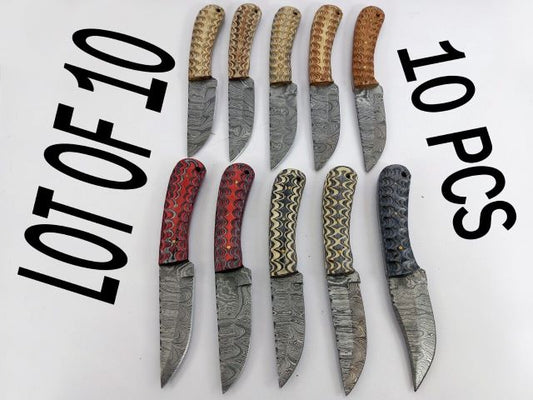 10 pieces Damascus steel fixed blade skinning knives lot with Leather sheath. Over 80 inches long Damascus steel knives in assorted colors