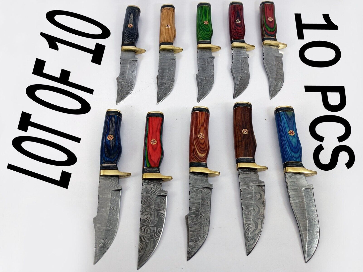 10 pieces Damascus steel Round scale skinning knives set with Leather sheath. Overall 85 inches long Damascus steel blade knives