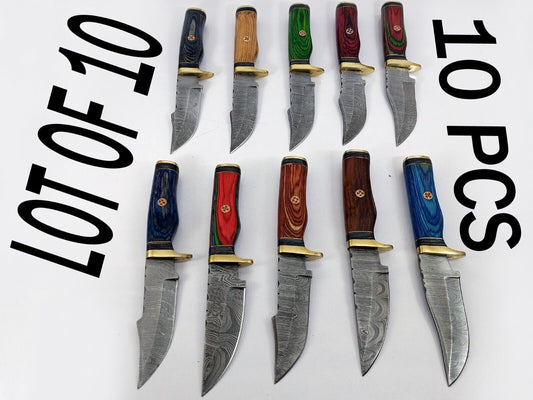 10 pieces Damascus steel Round scale skinning knives set with Leather sheath. Overall 85 inches long Damascus steel blade knives
