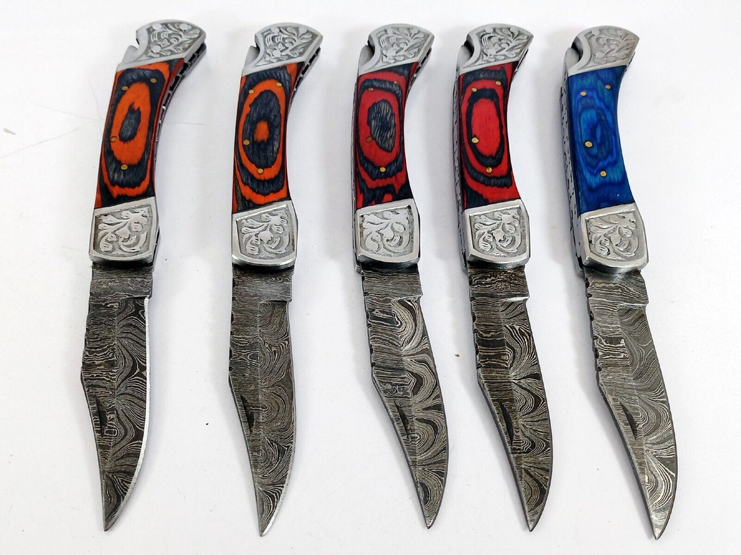 10 pieces Lot of Damascus steel blade back lock folding knife with Sheath, Engraved bolster, Assorted colors