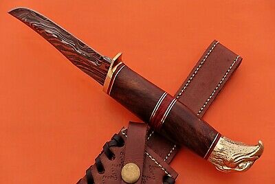 10" custom skinning knife with eagle pomel, trailing point blade, Leather sheath