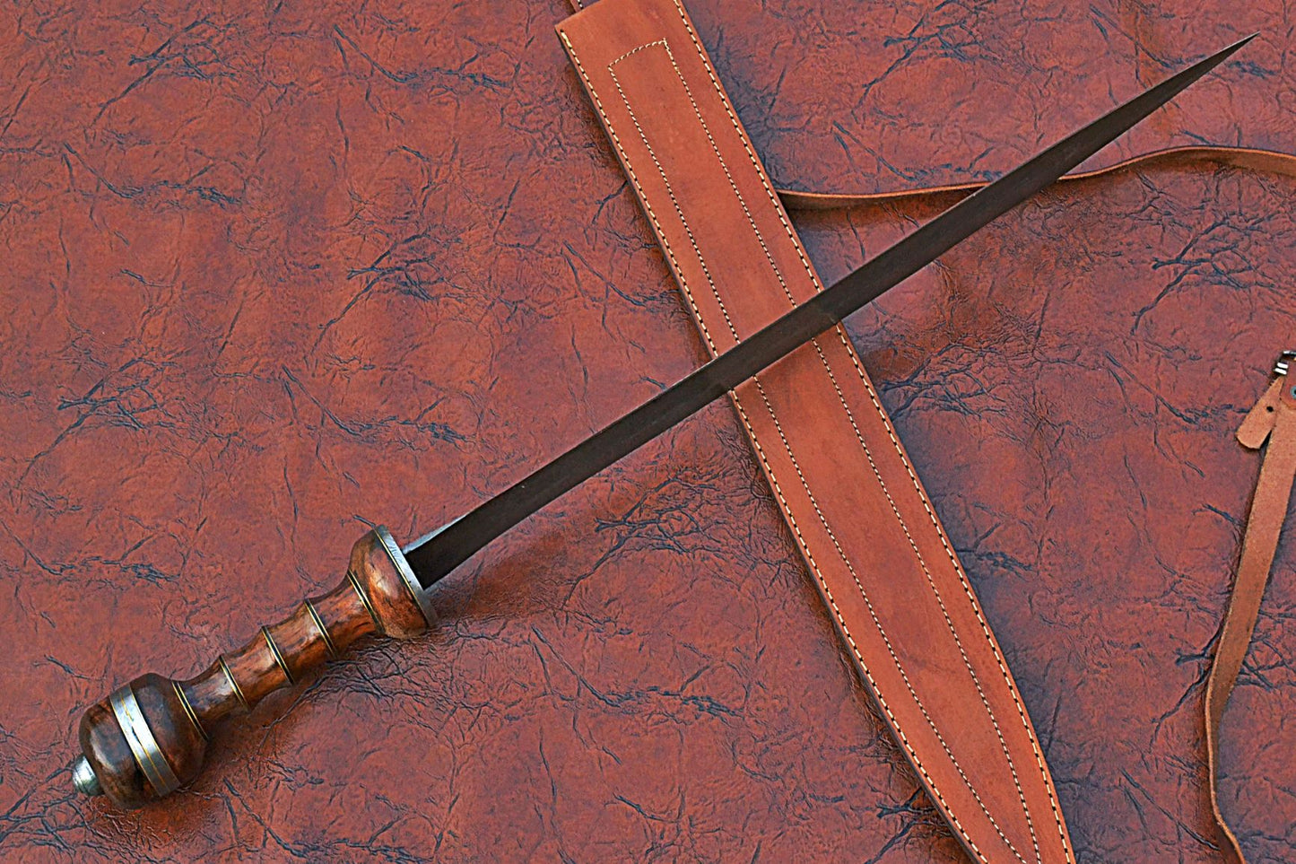 29 inches Long Maximus Gladuis Sword, 21" Long Hand Forged Damascus Steel Double Edge Blade, Hand Crafted Walnut Wood Grip with Brass Spacer, Leather Scabbard with Shoulder Stripe