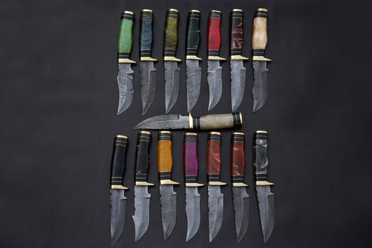 15 pieces Damascus steel unshrinkable Raisen Round scale skinning knives set with Leather sheath. Overall 125 inches long Damascus steel blade knives