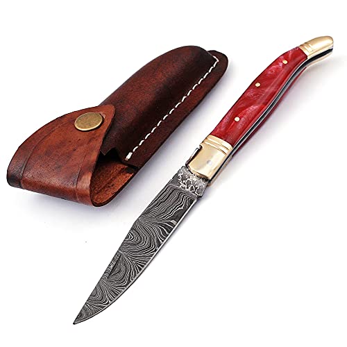 Laguiole Folding Damascus steel knife, 8.6" Long with 4.1" hand forged custom twist pattern Blade. Off white unshrinkable Raisen scale with brass bolster and Pommel. Cow hide leather sheath included (White Raisen)
