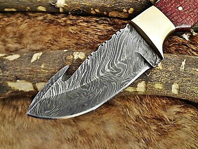 8" Red Damascus steel gut hook blade Skinning pocket knife with Leather sheath