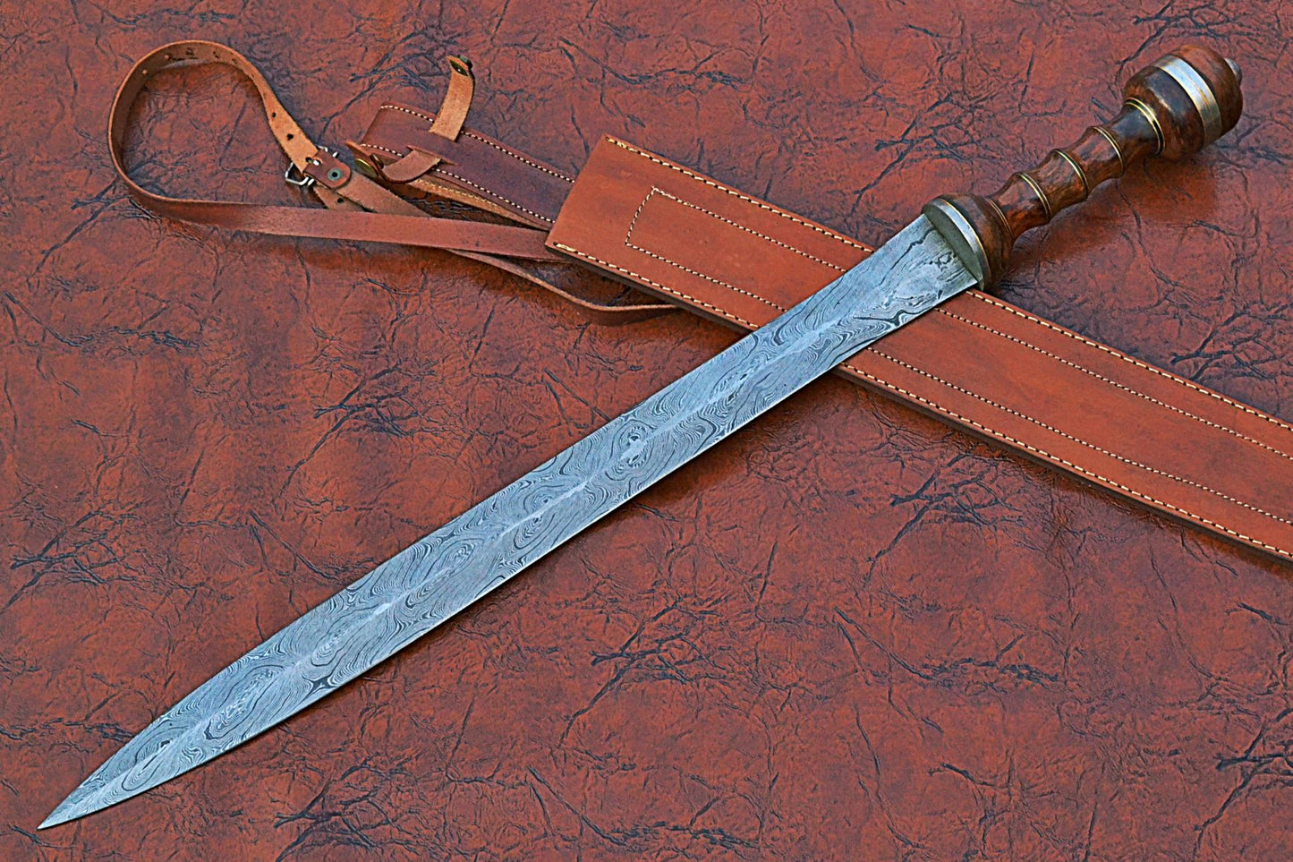 29 inches Long Maximus Gladuis Sword, 21" Long Hand Forged Damascus Steel Double Edge Blade, Hand Crafted Walnut Wood Grip with Brass Spacer, Leather Scabbard with Shoulder Stripe