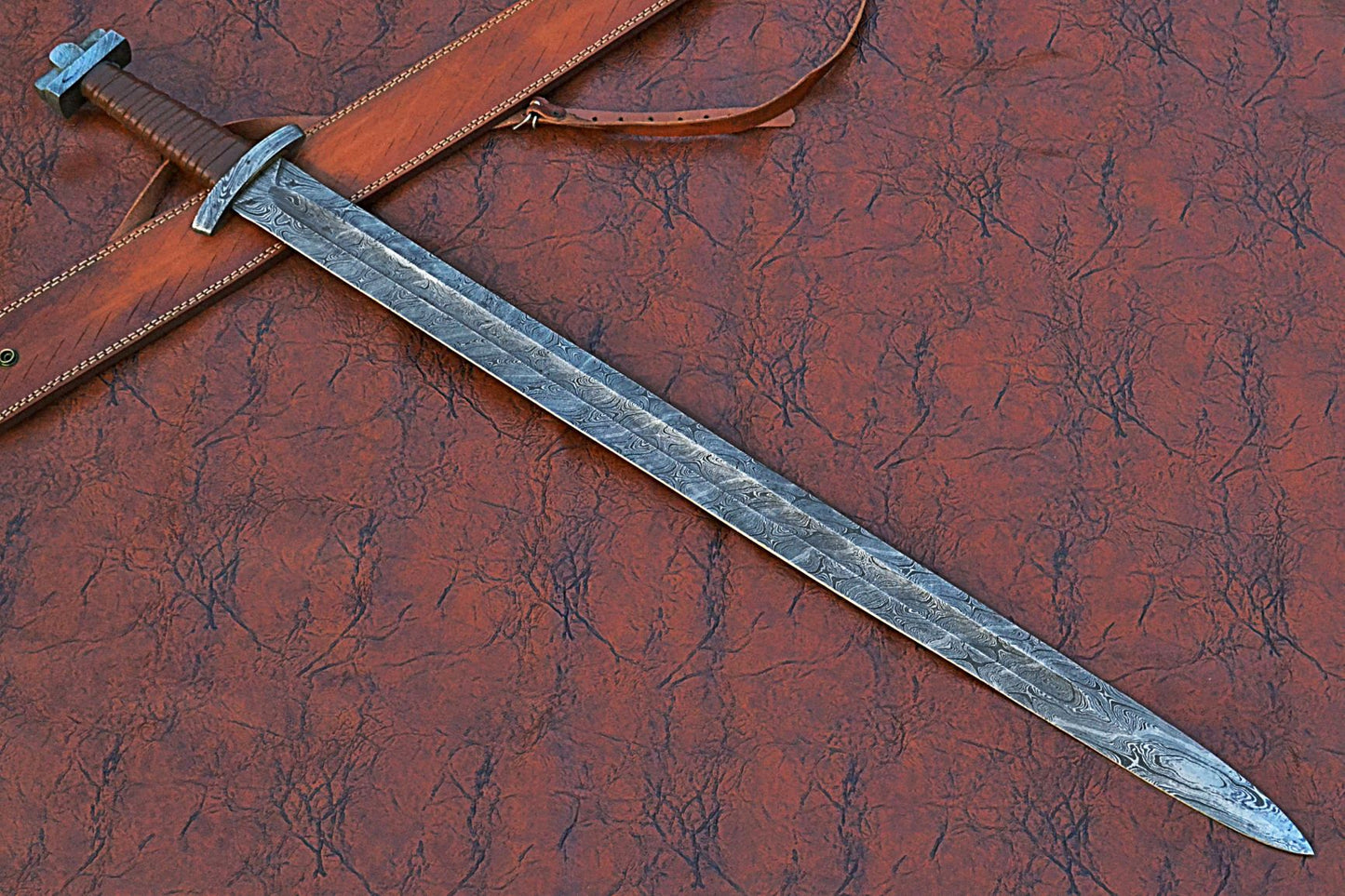 39 inches Long Green Destiny Sword, 31" Long Hand Forged Damascus Steel Double Edge Blade, Solid Damascus Steel Cross hilt Forward and Pommel, Leather Scabbard with Shoulder Stripe