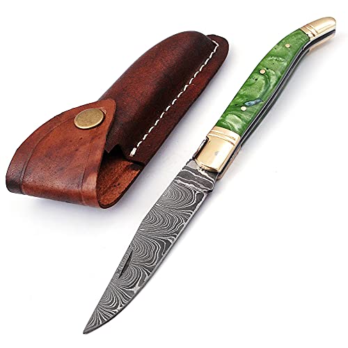 Laguiole Folding Damascus steel knife, 8.6" Long with 4.1" hand forged custom twist pattern Blade. Off white unshrinkable Raisen scale with brass bolster and Pommel. Cow hide leather sheath included (White Raisen)