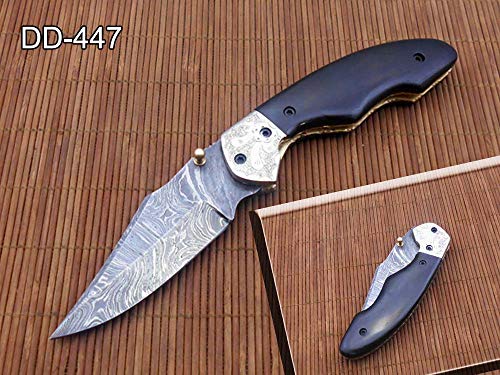 7.5" Folding Knife, 3.5" Hand Forged Twist Pattern Damascus Steel Blade Pocket Knife, 4" Bull Horn Scale, Liner Lock & Thumb knob Equipped, Cow Hide Leather Sheath (Bull Horn)