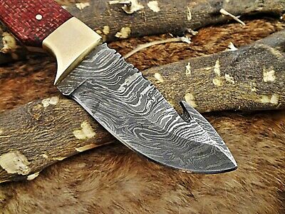 8" Red Damascus steel gut hook blade Skinning pocket knife with Leather sheath