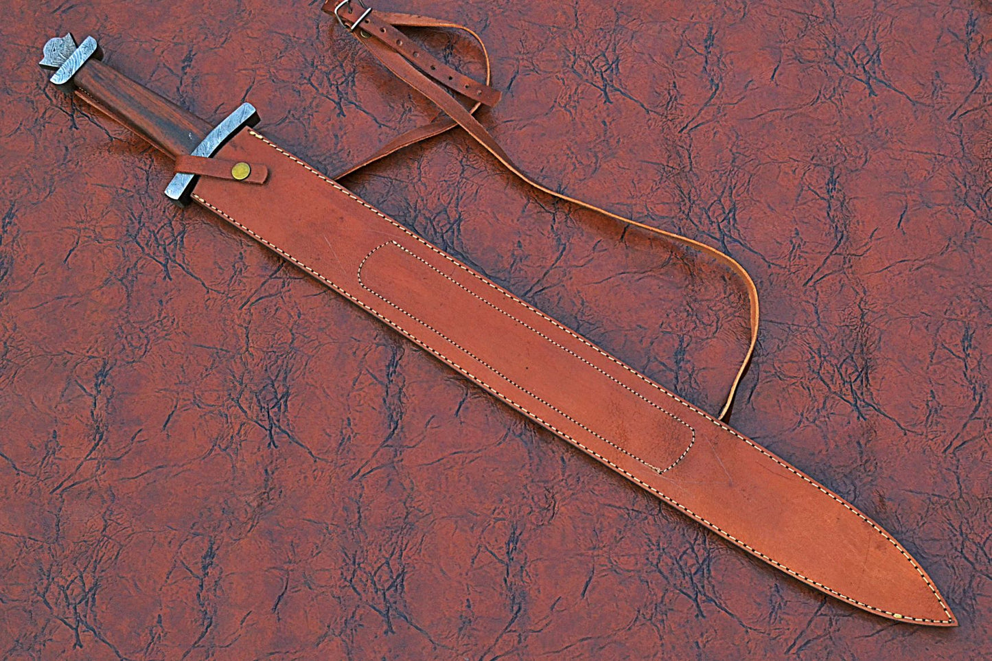 32 inches Long Jian Sword, 25" Long Hand Forged Damascus Steel Double Edge Blade, Solid Damascus Steel Cross hilt Forward and Crown Shape Pommel, Leather Scabbard with Shoulder Stripe