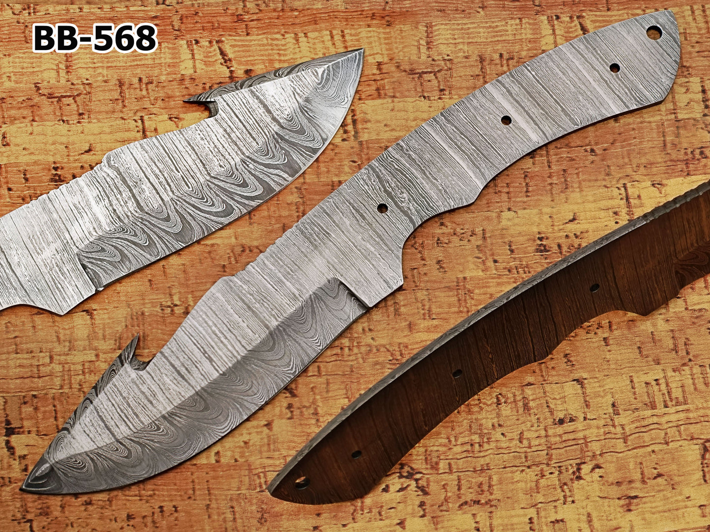 10 inches Long Hand Forged Trailing Point Gut Hook Skinning Knife Blade, Knife Making Supplies, Ladder Pattern Damascus Steel Blank Blade Knife with 3 Pin and a lace Hole, 5" long blade with 4.5 inches Cutting Edge