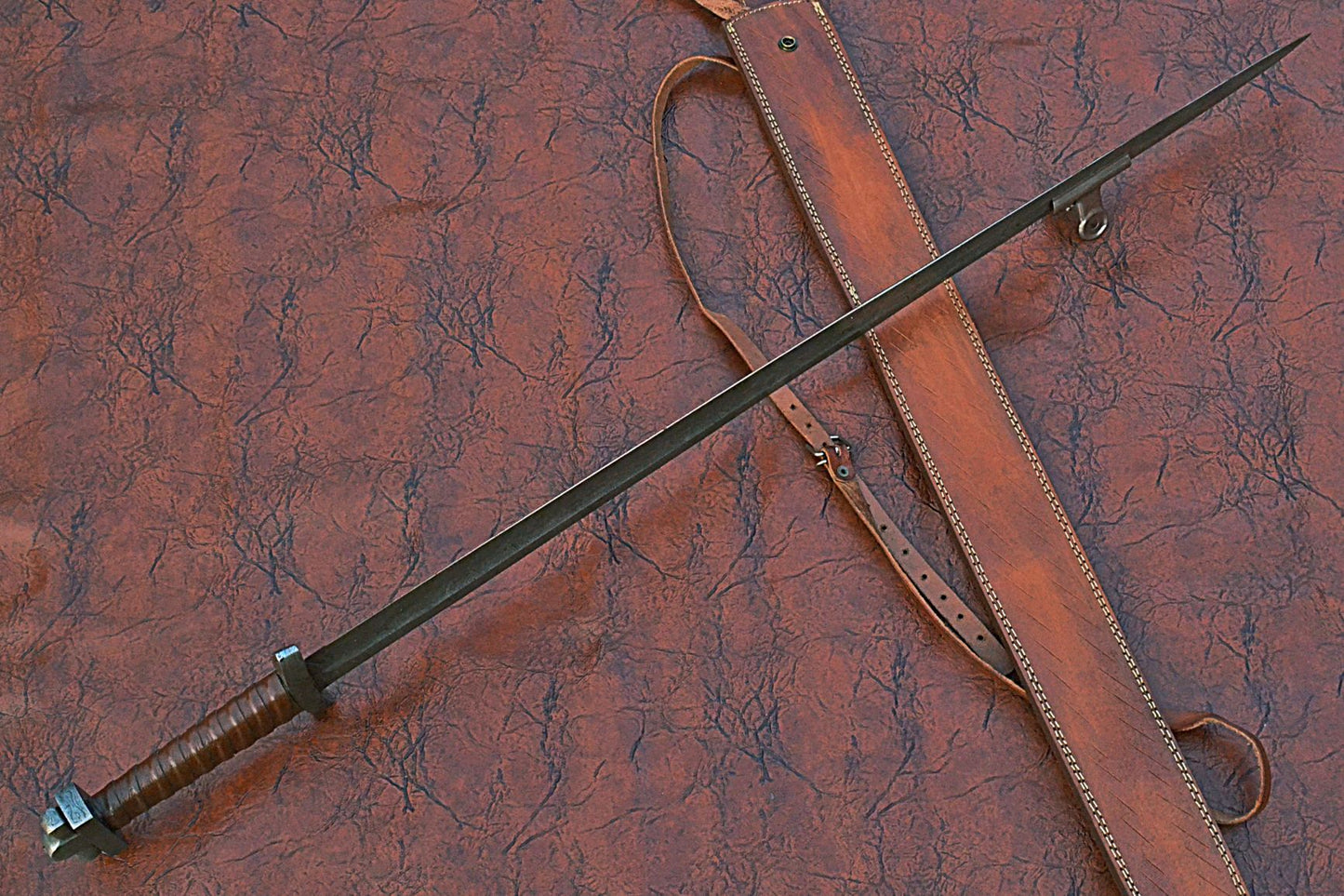 39 inches Long Green Destiny Sword, 31" Long Hand Forged Damascus Steel Double Edge Blade, Solid Damascus Steel Cross hilt Forward and Pommel, Leather Scabbard with Shoulder Stripe