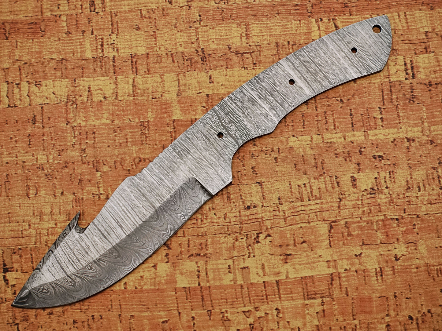 10 inches Long Hand Forged Trailing Point Gut Hook Skinning Knife Blade, Knife Making Supplies, Ladder Pattern Damascus Steel Blank Blade Knife with 3 Pin and a lace Hole, 5" long blade with 4.5 inches Cutting Edge